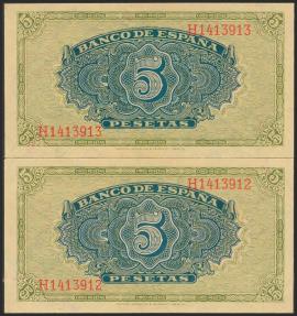 World Coins - 5 Pesetas. 4 de Septiembre de 1940. Pareja correlativa. Serie H. (Edifil 2017: 443a). Apresto original. SC-.