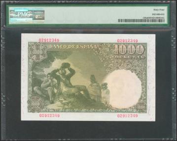 World Coins - 1000 Pesetas. 4 de Noviembre de 1949. Sin serie. (Edifil 2021: 458). Raro en esta excepcional calidad. SC. Encapsulado PMG64.