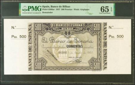 World Coins - 500 Pesetas. 1 de Enero de 1937. Sucursal de Bilbao, antefirma Banco del Comercio. Sin serie y sin numeración, con ambas matrices. (Edifil 2021: NE26c, Pick: S566ar). Muy raro en