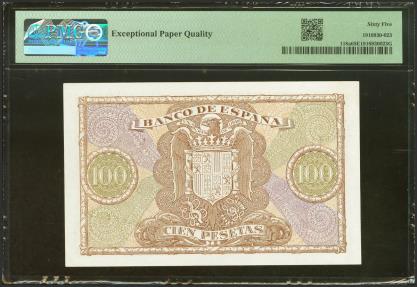 World Coins - 100 Pesetas. 9 de Enero de 1940. Serie D. (Edifil 2023: 438a, Pick: 118a). Muy raro en esta excepcional calidad, apresto original. SC. Encapsulado PMG65EPQ.