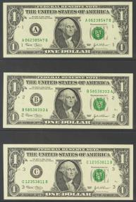 World Coins - USA. 1 Dollar. Federal Reserve Note. 12 banknotes from serial number A to L (all issuing banks incuded). 2003. (Friedberg: 1928-29A/L). Nice set. Uncirculated.