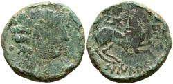 Ancient Coins - OILAUNICOS (Zona norte del Ebro). As. (Ae. 14,52g/27mm). 120-20 a.C. (FAB-1861). Anv: Cabeza masculina a derecha, detrás punto, delante letras ibéricas: SOS. Rev: Jinete con ganch