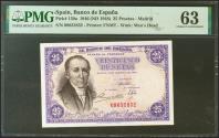 World Coins - 25 pesetas. February 19, 1946. No series. (Edifil 2021: 450, Pick: 130a). Rare in this quality. Uncirculated. PMG63 package.