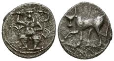 Ancient Coins - EBUSUS (Ibiza, Balearic Islands). Hemidrachm. (Ar. 2.54g/17mm). 200-100 BC (FAB-920; ACIP 714, cataloged as R9). Obv: Bes holding hammer and mace facing the front, fleur-de-lis to