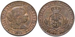 World Coins - ISABEL II (1833-1868). 2 1/2 Céntimos de Escudo. (Ae. 6,19g/25mm). 1867. Segovia OM. (Cal-2019-240). MBC+.