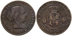 World Coins - ISABEL II (1833-1868). 2 1/2 Céntimos de Escudo. (Ae. 6,23g/25mm). 1867. Barcelona OM. (Cal-2019-232). BC+.