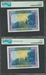 World Coins - 100 Pesetas. 15 de Agosto de 1928. Pareja correlativa. Serie A. (Edifil 2017: 355a). SC. Encapsulados PMG64/64EPQ.