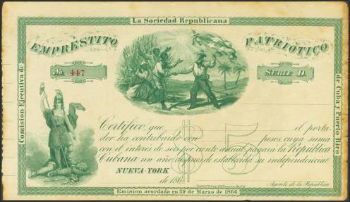 World Coins - CUBA Y PUERTO RICO. EMPRESTITO PATRIOTICO. 5 Pesos. 29 de Marzo de 1866. Serie D, este empréstito fue emitido al comienzo de la Guerra de los Diez Años de Cuba (1868-78) con el fi
