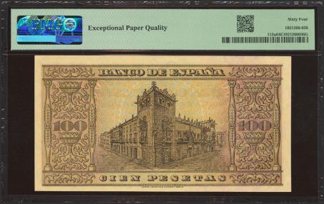 World Coins - 100 Pesetas. 20 de Mayo de 1938. Serie B. (Edifil 2023: 432a, Pick: 113a). Inusual en esta calidad, apresto original. SC. Encapsulado PMG64EPQ.