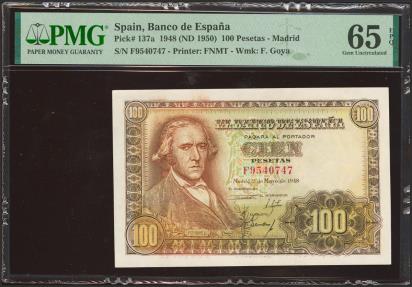 World Coins - 100 Pesetas. 2 de Mayo de 1948. Serie F. (Edifil 2023: 456a, Pick: 137a). Inusual en esta excepcional calidad, apresto original. SC. Encapsulado PMG65EPQ.