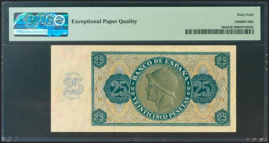 World Coins - 25 Pesetas. 21 de Noviembre de 1936. Serie C. (Edifil 2021: 419a, Pick: 99a). Raro en esta calidad. SC. Encapsulado PMG64EPQ.