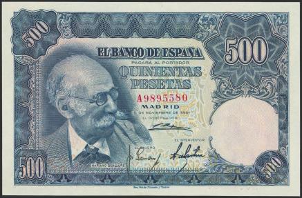 World Coins - 500 Pesetas. 15 de Noviembre de 1951. Serie A. (Edifil 2023: 460a). Conserva gran parte del apresto original. EBC+++.
