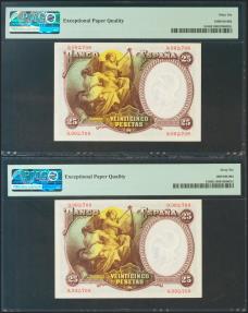 World Coins - 25 Pesetas. 25 de Abril de 1931. Pareja correlativa. Sin serie. (Edifil 2021: 358, Pick: 81). Muy rara en esta calidad y con apresto original. SC. Encapsulado PMG66EPQ, ambos.
