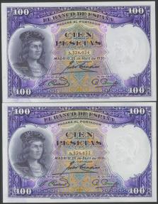 World Coins - 100 Pesetas. 25 de Abril de 1931. Pareja correlativa. Sin serie. (Edifil 2017: 360). Conserva todo su apresto original. SC-.