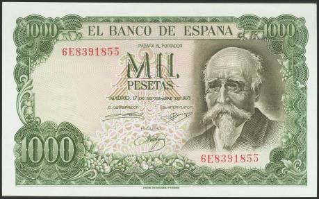 World Coins - 1000 Pesetas. 17 de Septiembre de 1971. Serie 6E. (Edifil 2023: 474c). Apresto original. SC.