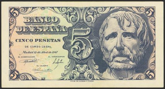 World Coins - 5 Pesetas. 12 de Abril de 1947. Serie D. (Edifil 2023: 454a). Apresto original. SC-.