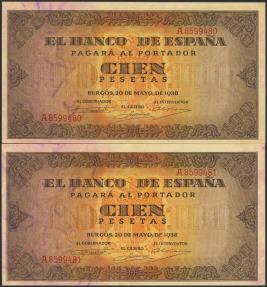 World Coins - 100 Pesetas. 20 de Mayo de 1938. Pareja correlativa. Serie A. (Edifil 2023: 432). Apresto original. EBC.