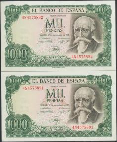 World Coins - 1000 Pesetas. 17 de Septiembre de 1971. Pareja correlativa. Serie 4N. (Edifil 2017: 474c). Apresto original. SC-.