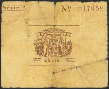 World Coins - GALVEZ (TOLEDO). 25 Céntimos. (1937ca). Serie A. (González: 2607). Rarísimo. BC+.