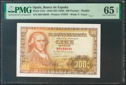 World Coins - 100 Pesetas. 2 de Mayo de 1948. Serie H. (Edifil 2021: 456a, Pick: 137a). Raro en esta calidad, apresto original. SC. Encapsulado PMG65EPQ.