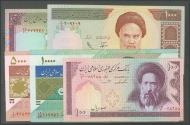 World Coins - IRAN. Set of 5 banknotes of 100 Rials, 1000 Rials, 2000 Rials, 5000 Rials and 10000 Rials. (1985ca). Islamic Republic. (Pick: 140c, 141l, 143a, 145a, 146d). Very Fine/Uncirculated