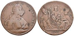 World Coins - CARLOS III (1759-1788). Proclamación Sevilla. (Ae. 18,59g/36mm). 1759. Grabador: V. de la Fuente. (Vives 33). Anv: Busto laureado de Carlos III con coraza, banda, manto y collar d