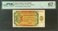 World Coins - 5 Pesetas. 10 de Agosto de 1938. Serie K. (Edifil 2021: 435a, Pick: 110a). Raro en esta excepcional calidad, apresto original. SC. Encapsulado PMG67EPQ.