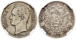 World Coins - VENEZUELA. 1 Bolívar. (Ar. 5,00g/23mm)*. 1879. (Km#22). Encapsulado por NGC VF 30. *Peso y medida teórico.