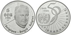 World Coins - BÉLGICA. 5 Ecu. 50 Aniversario Naciones Unidas. 1995 (Ar. 23,01g/37,00mm). Proof