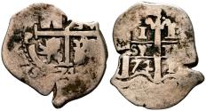 World Coins - CARLOS II (1665-1700). 1 Real. (Ar. 2,37g/16mm). 1674. Potosí E. (Cal-2019-259). Doble fecha. BC+.