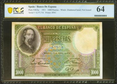 World Coins - 1000 Pesetas. 25 de abril de 1931. Sin serie. (Edifil 2017: 362, Pick: 84Aa). Encapsulado PCGS64. SC.