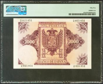 World Coins - 1000 Pesetas. 21 de Octubre de 1940. Sin serie. (Edifil 2017: 445). EBC+. Encapsulado PMG55.