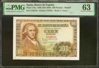 World Coins - 100 Pesetas. 2 de Mayo de 1948. Sin serie. (Edifil 2021: 456, Pick: 137a). SC-. Encapsulado PMG63 (previously mounted).