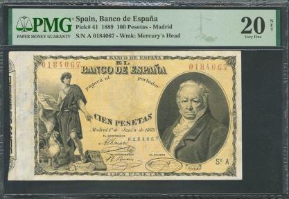 World Coins - 100 Pesetas. 1 de Junio de 1889. Serie A. (Edifil 2023: 299, Pick: 41). Raro, reparado. MBC. Encapsulado PMG20NET (severed, reattached, repaired).