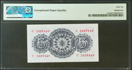 World Coins - 5 Pesetas. 12 de Abril de 1947. Serie C. (Edifil 2021: 454a, Pick: 134a). Raro en esta excepcional calidad, apresto original. SC. Encapsulado PMG66EPQ.
