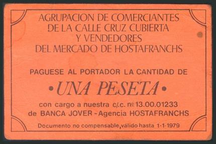 World Coins - BARCELONA (1978). Vale de 1 Peseta de la Agrupación de Comerciantes del Mercado de Hostafranchs. EBC.