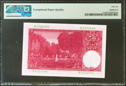 World Coins - 50 Pesetas. 31 de Diciembre de 1951. Serie B. (Edifil 2021: 462a, Pick: 141a). Raro en esta excepcional calidad, apresto original. SC. Encapsulado PMG66EPQ.