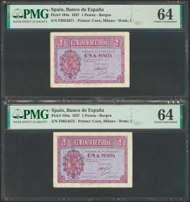 World Coins - 1 Peseta. 12 de Octubre de 1937. Pareja correlativa. Serie F, última serie emitida. (Edifil 2017: 425a). SC. Encapsulados PMG64, ambos.