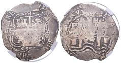 World Coins - FELIPE IV (1621-1665). 8 Reales. (Ar. 26,66g/38mm). 1655. Potosí E. (Cal-2019-1510). Doble fecha. Encapsulada por NGC VF Details, Cleaned.