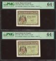 World Coins - 1 Pesetas. 30 de Abril de 1938. Pareja correlativa. Serie A. (Edifil 2023: 428, Pick: 108a). Apresto original. SC. Encapsulado PMG64EPQ, ambos.