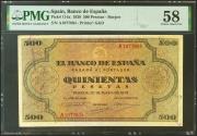 World Coins - 500 Pesetas. 20 de Mayo de 1938. Serie A. (Edifil 2021: 433, Pick: 114a). Inusual en esta calidad, apresto original. EBC+. Encapsulado PMG58.