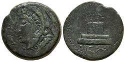 Ancient Coins - LASCUTA (Alcalá de los Gazules, Cádiz). As. (Ae. 21.19g/29mm). 150-50 BC (FAB-1665). Obv: Lion-skinned head of Melkart left, before legend: LASCVT. Rev: Ara with three palms, belo