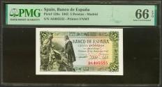 World Coins - 5 Pesetas. 15 de Julio de 1945. Serie A. (Edifil 2023: 449a, Pick: 129a). Apresto original. SC. Encapsulado PMG66EPQ.