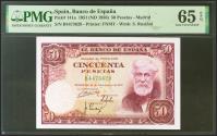 World Coins - 50 Pesetas. 31 de Diciembre de 1951. Serie B. (Edifil 2021: 462a, Pick: 141a). Inusual en esta calidad, apresto original. SC. Encapsulado PMG65EPQ.