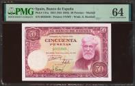 World Coins - 50 Pesetas. 31 de Diciembre de 1951. Sin serie. (Edifil 2023: 462, Pick: 141a). SC. Encapsulado PMG64.