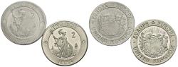 World Coins - REINO UNIDO. Conjunto de 2 monedas de 1992, conteniendo: 2 Ecu y 2 Ecu (piedfort). CuNi. SC.