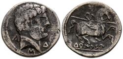 Ancient Coins - TURIASO (Tarazona, Zaragoza). Denario. (Ar. 3,40g/18mm). 120-20 a.C. (FAB-2412). Anv: Cabeza masculina barbada a derecha, detrás letra: CA, debajo: S y delante: Du. Rev: Jinete co