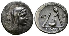 Ancient Coins - GENS SULPICIA. Denario. (Ar. 3,77g/19mm). 69 a.C. Roma. (Crawford 406/1; FFC 1135). Anv: Cabeza velada de Vesta a derecha, detrás SC. Rev: Cuchillo de sacrificio, símpulo y hacha