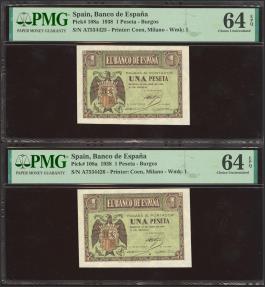 World Coins - 1 Pesetas. 30 de Abril de 1938. Pareja correlativa. Serie A. (Edifil 2023: 428, Pick: 108a). Apresto original. SC. Encapsulado PMG64EPQ, ambos.
