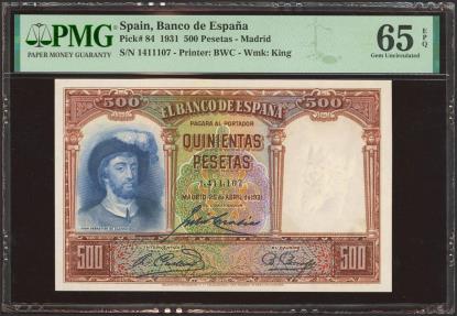 World Coins - 500 Pesetas. 25 de Abril de 1931. Sin serie. (Edifil 2023: 361, Pick: 84). Inusual en esta calidad, apresto original. SC. Encapsulado PMG65EPQ.
